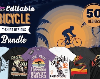 50 Editable Bicycle T-Shirt Designs Bundle | Bike Vector Images,Cycling Tshirt Design,Cycle Quotes,Motivational Bundle Vectors