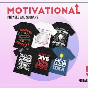 Pacchetto di 50 design modificabili per magliette motivazionali / Immagini vettoriali di frasi, slogan per magliette, detti e citazioni, vettori ispiratori + png