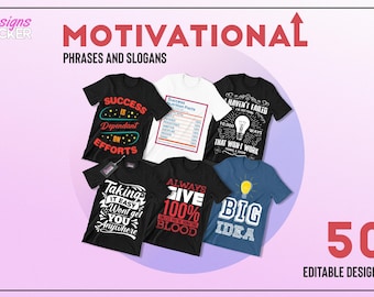 Paquete de 50 diseños de camisetas motivacionales editables: imágenes vectoriales con frases, eslóganes, refranes y citas, vectores inspiradores + png