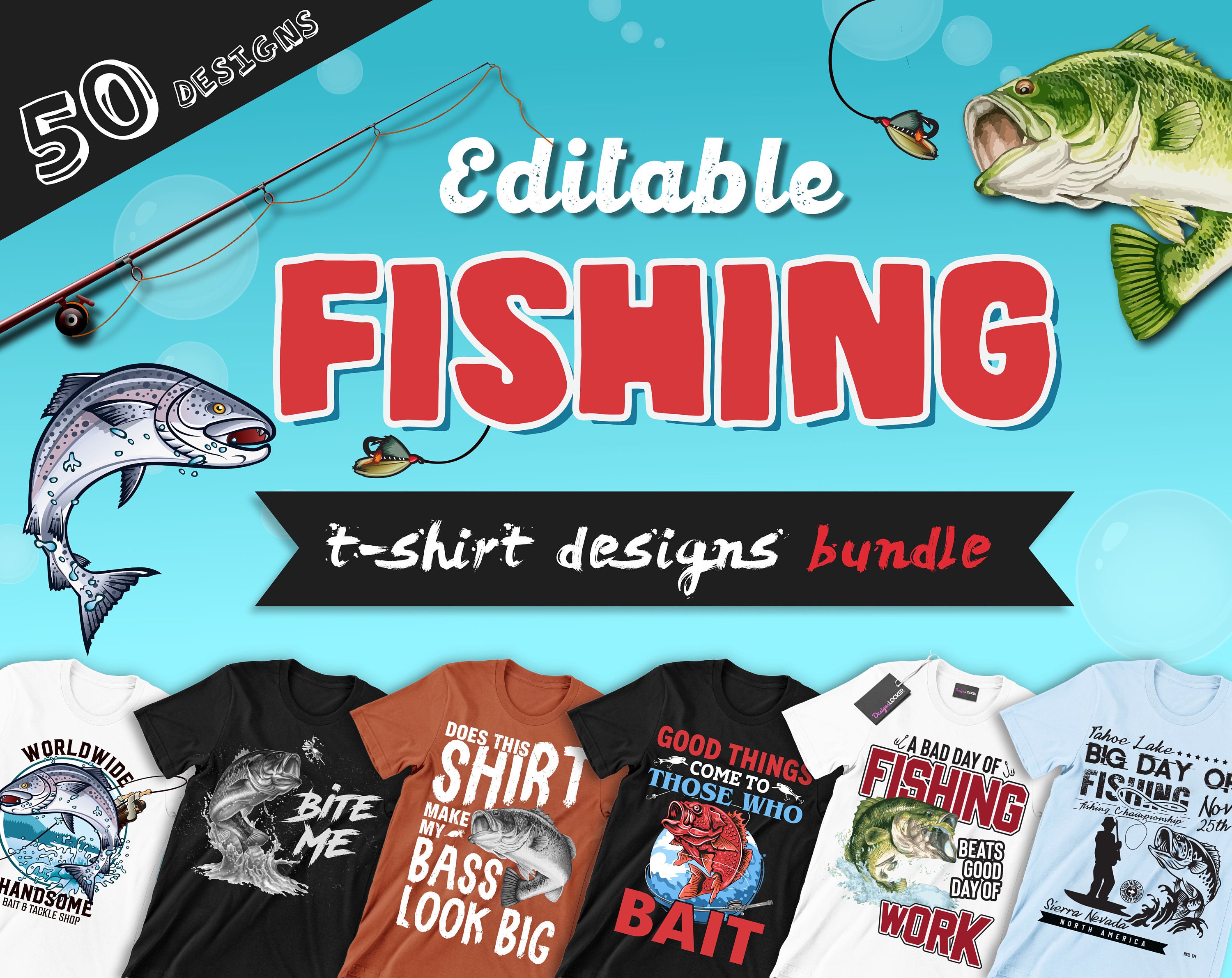 50 Editable Fishing T-shirt Designs Bundle Fish Vector Images,fisherman Tshirt  Design,fishes Quotes,animal Hobbies Bundle Vectors 