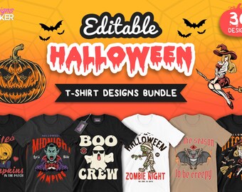 Paquete de 30 diseños editables de camisetas de Halloween: imágenes vectoriales de terror, diseño de camiseta de bruja, frases de calaveras fantasmales, paquete espeluznante de truco o trato