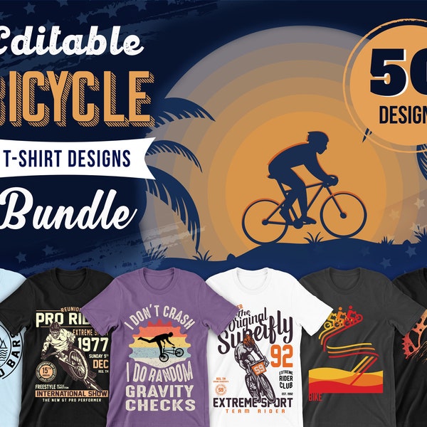 50 Editable Bicycle T-Shirt Designs Bundle | Bike Vector Images,Cycling Tshirt Design,Cycle Quotes,Motivational Bundle Vectors