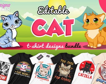 Paquete de 50 diseños editables de camisetas de gatos: imágenes vectoriales de gatos, diseños de camisetas de gatitos, frases sobre mascotas, vectores de animales
