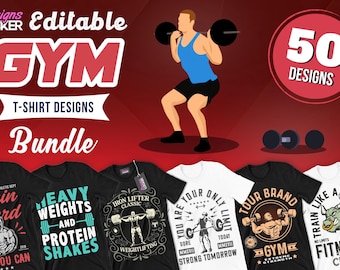 Paquete de 50 diseños editables de camisetas de gimnasio / Imágenes vectoriales de gimnasio, diseños de camisetas de entrenamiento, frases de ejercicio, frases motivacionales