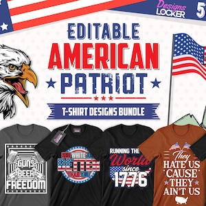 Pacchetto di 50 design modificabili per magliette con patrioti americani / Immagini vettoriali USA, design per magliette con aquila, citazioni di patriottismo orgoglioso, pacchetto repubblicano