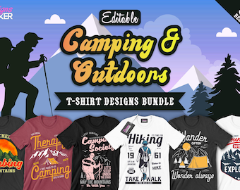 Paquete de 50 diseños editables de camisetas de acampada y actividades al aire libre: imágenes vectoriales de senderismo, diseño de camisetas sobre la naturaleza, frases sobre la naturaleza, paquete de aventuras