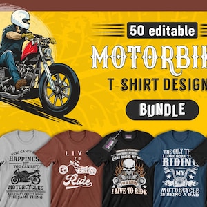 Bundel met 50 bewerkbare motor-T-shirtontwerpen | Motorfietsafbeeldingen, motorfietst-shirtontwerp, fietscitaten, scooterbundelvectoren