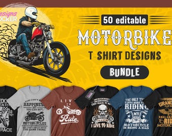 Paquete de 50 diseños editables de camisetas de motos: imágenes vectoriales de motos, diseños de camisetas de motos, frases sobre ciclos, vectores de scooters