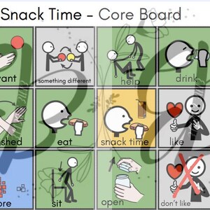 May include: A core board titled "Snack Time" with illustrated icons representing various actions and concepts. The board includes images for "want," "eat," "drink," "like," and other related terms, designed for communication.