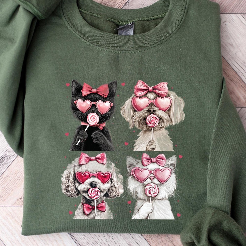 Valentine'S Day Cat And Dog Shirt,Cute Poodle Valentine Day Sweatshirt Gift, Valentine'S Day Gift, Valentine Shirt Women, Gift Tee Dog Owner Onlytee