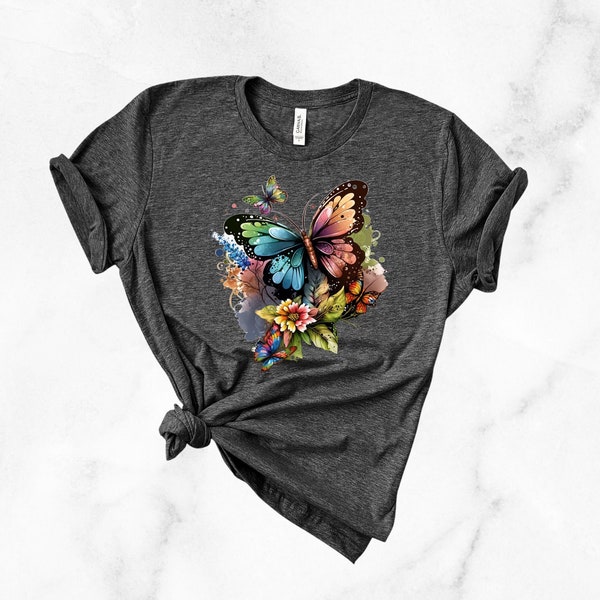 Womens Butterfly Tee, nature tee, Floral Shirt, Floral Butterfly Tee, Wildlife Tee, Cute, Eco Tee, Nature Gift
