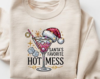 Santa's Hot Mess Sweater, Christmas Martini Hoodie, Faux Glitter Christmas Drink Sweater,Christmas Party Sweatshirt, Drink Sweater For Women