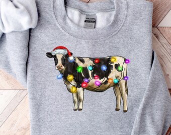 Christmas Cow Sweatshirt, Cow Lights Sweater, Cow Women Sweatshirt, Cow Lover Shirt, Christmas Sweatshirt, Highland Cow Crewneck, Farm Xmas