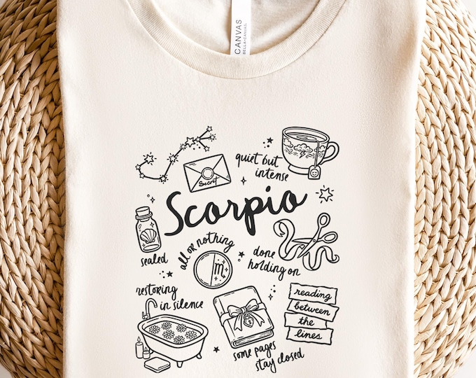 Scorpio Zodiac Doodle Shirt, Hand Drawn Astrology Tee, Minimal Scorpio Gift For Her, Horoscope Graphic Tshirt Astrology Lover Gift