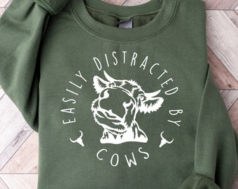 Easily Distracted By Cows Shirt,Cow Sweatshirt,Aesthetic Sweater,Funny Cow Shirt,Farm Love Shirts,Farm Animal Tshirt,Humorous Saying Sweater