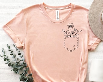Floral Pocket Shirt, Wildflower Shirts, Sentimental Gift Idea, Boho Shirt, Botanical Tshirt, Nature Lover Shirt, Spring Shirts For Women