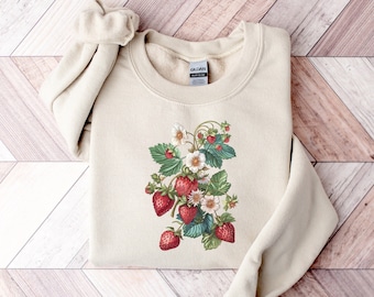 Strawberry Sweatshirt, Floral Sweater, Gardening Tees, Cottagecore Strawberry Tshirt, Strawberry Women Sweater