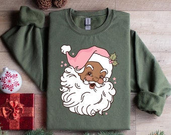 Black Santa Sweatshirt, Cute Black Santa, Christmas Sweatshirt, Pink Santa, Merry Christmas Sweatshirt, Matching Family Christmas Sweatshirt