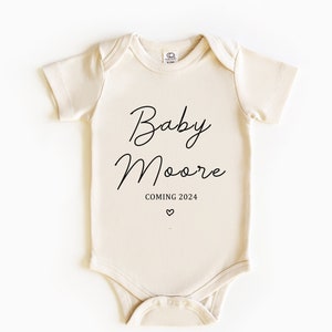Custom Baby Announcement Baby Bodysuit, Personalized Bodysuit, Natural Coming Soon One-piece, Custom Family Name Baby Shirt