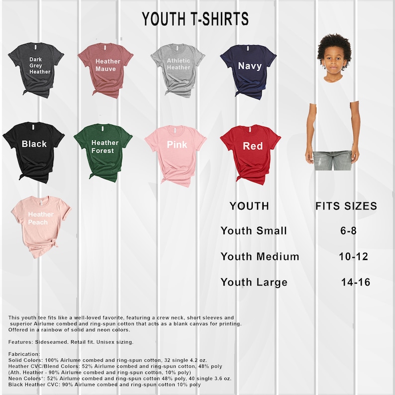 May include: Youth t-shirts in a variety of colors, including black, heather forest, pink, red, heather mauve, dark grey heather, athletic heather, navy, and heather peach. The shirts are shown laid flat and on a model. The size chart shows youth small, medium, and large sizes with corresponding age ranges.