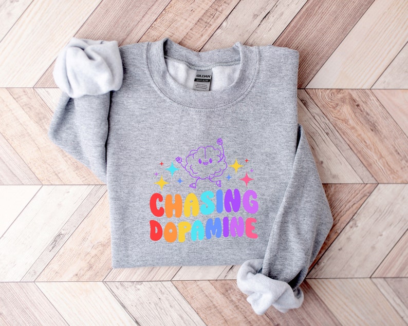 May include: A gray sweatshirt with a rainbow graphic that says "Chasing Dopamine". The graphic features a cartoon brain with a happy face and stars.