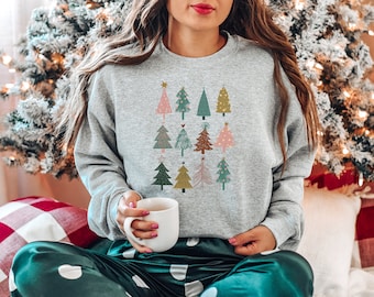 Christmas Sweatshirt, Boho Christmas Trees Sweatshirt, Cute Christmas Sweatshirt, Christmas Tree Shirt, Christmas Shirts For Women