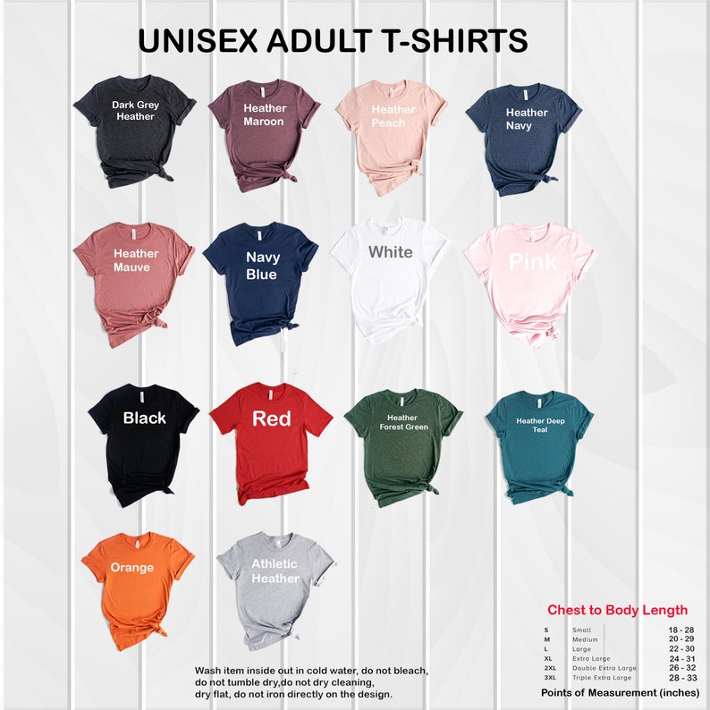 Puede incluir: Un gr&aacute;fico que muestra diferentes colores de camisetas unisex para adultos. El gr&aacute;fico incluye 12 colores diferentes, incluyendo gris oscuro jaspeado, jaspeado marr&oacute;n, jaspeado melocot&oacute;n, jaspeado azul marino, jaspeado malva, azul marino, blanco, rosa, negro, rojo, jaspeado verde bosque, jaspeado azul teal profundo, naranja y jaspeado atl&eacute;tico. El gr&aacute;fico tambi&eacute;n incluye una tabla de tallas con medidas de longitud de pecho a cuerpo en pulgadas.