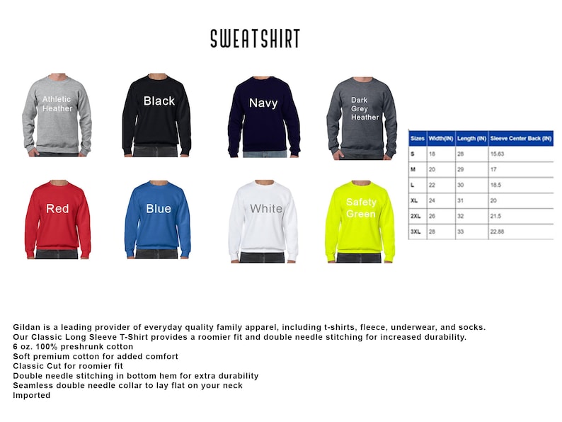 Op de afbeelding: Een selectie van Gildan Classic Long Sleeve T-shirts in verschillende kleuren, waaronder zwart, marineblauw, rood en wit. De afbeelding toont ook een maattabel met afmetingen in inches en productdetails, zoals de stof.