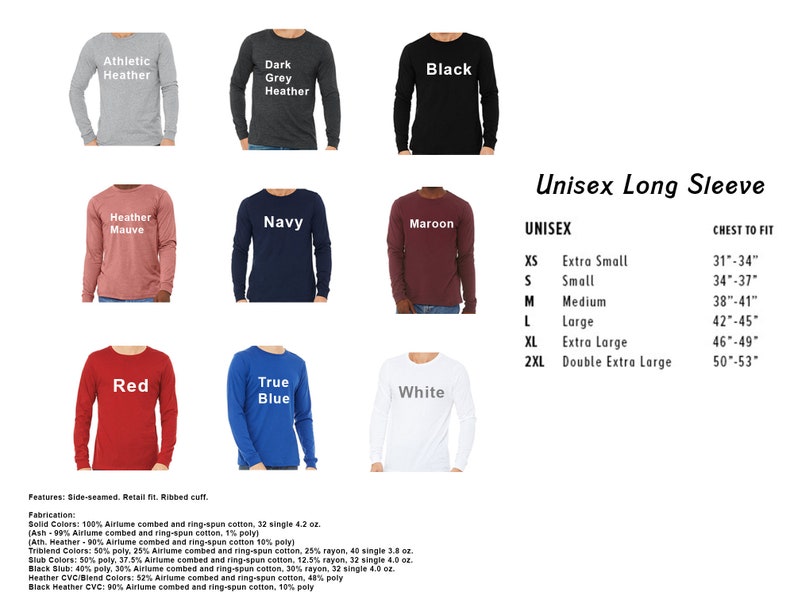 Op de afbeelding: Een selectie van unisex shirts met lange mouwen in diverse kleuren, waaronder zwart, rood en marineblauw. De shirts zijn voorzien van teksten als "Athletic Heather", "Dark Grey Heather" en "Black". Maattabel inbegrepen, borstomvang van 78 cm tot 135 cm.