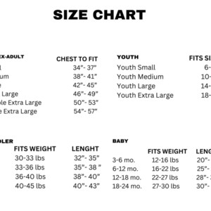 Puede incluir: Tabla de tallas para ropa unisex para adultos, ni&ntilde;os peque&ntilde;os y beb&eacute;s. La tabla enumera las tallas, las medidas del pecho, las tallas que se ajustan, el peso y la longitud en pulgadas y libras.