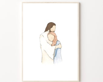 Christ Embracing Hugging Woman, Girl, Missionary Gift, Baptism, Funeral, Bereavement, Primary Program, Art, Printable, Watercolor Painting