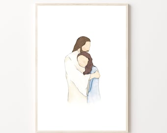 Christ Embracing Hugging Woman, Girl, Missionary Gift, Baptism, Funeral, Bereavement, Primary Program, Art, Printable, Watercolor Painting