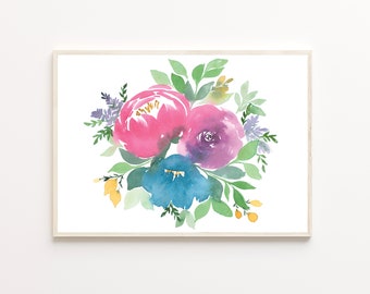 Watercolor Floral Print, Peony Rose Anemone Bouquet (Digital Download)
