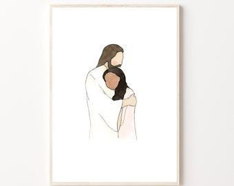 Christ Embracing Hugging Woman, Girl, Missionary Gift, Baptism, Funeral, Bereavement, Primary Program, Art, Printable, Watercolor Painting