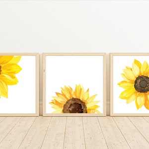 Set of 3 Cute Printable Square Sunflower Watercolor, Home Decor, Nursery, Baby, Bright, Happy Art, Instant Digital Download, Printable