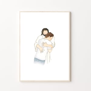 Christ Embracing Hugging Man, Boy, Missionary Gift, Baptism, Funeral, Bereavement, Primary Program, Art, Printable, Watercolor Painting