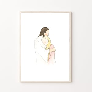 May include: A watercolor illustration of a person with long brown hair embracing a person with long blonde hair. The person with brown hair is wearing a white robe and the person with blonde hair is wearing a pink dress.