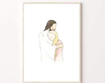 Christ Embracing Hugging Woman, Girl, Missionary Gift, Baptism, Funeral, Bereavement, Primary Program, Art, Printable, Watercolor Painting
