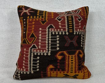 Authentic Pillow Case, Kilim Pillow, Wool Cushion Cover, Natural Kilim Pillow , Boho Pillow, Turkish  Pillow, Vintage Sofa Pillows P1244