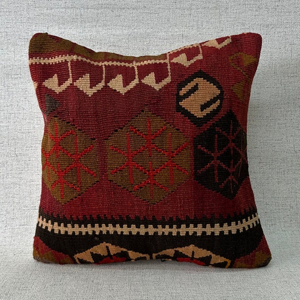 Home Decor 16x16, Turkish Kilim Pillow, Cotton Tribal Pillow, Boho Anatolian Pillow, Textured Handmade Kilim Pillow, Organic Pillow P632