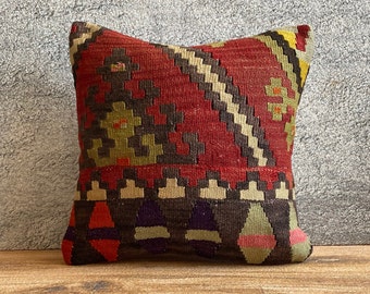 Decorative Turkish Kilim Pillow, 16x16 Turkish Kilim Pillow, Handwoven Throw Pillow, Tribal Pillow, Boho Cushion Cover,Cushion Cover P750