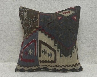 Ethnic Kilim Pillow Case, Kilim Pillow, 16x16 Sofa Throw Pillow Covers, Throw Pillow Cover, Wool Kilim Cushion, Natural Kilim Pillow P355