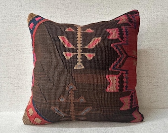 Ethnic Kilim Pillow, Turkish Kilim Pillow,Vintage Kilim Pillow, Kilim Cushion Cover,Throw Pillow, Tribal Pillow, Cushion Cover 16x16 P586
