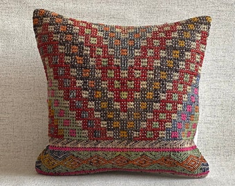 Turkish Pillow Cover 40x40cm, Kilim Cushion Cover, Ethnic Pillow Case, Kilim Pillow Cover, Handwoven, Throw Pillow, Pillow 16x16 P606