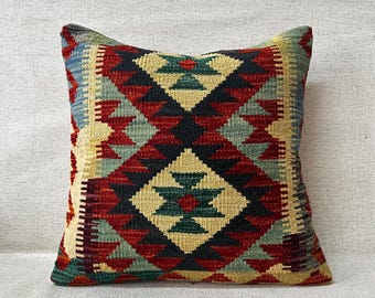 Turkish Kilim Pillow, 20x20 Bohemian Kilim Pillow, Decorative Turkish Kilim Pillow, Handwoven Kilim Pillow, Home Decor, Pillow Cover P1127