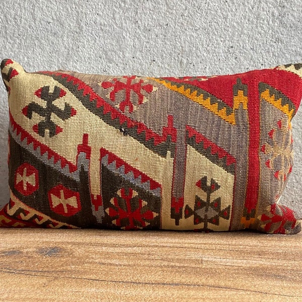 Oreiller Kilim, oreiller Kilim turc 12x20, oreiller à jeter, oreiller Kilim vintage, oreiller à jet de canapé, oreiller tribal, décoration intérieure, housse de coussin No:3557