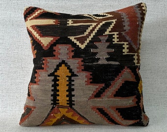 Vintage Turkish Kilim Pillow 16''x16'' Decorative Pillow Cover 40x40 cm Kilim Cushion Handwoven Wool Outdoor Kilim Rug Pillow No:6012