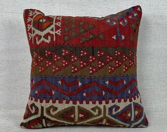 Ethnic Kilim Pillow Case, Kilim Pillow, 20x20 Sofa Throw Pillow Covers, Throw Pillow Cover, Wool Kilim Cushion, Natural Kilim Pillow P1245