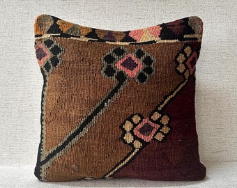 Ethnic Kilim Pillow Case, Kilim Pillow, 16x16 Sofa Throw Pillow Covers, Throw Pillow Cover, Wool Kilim Cushion, Natural Kilim Pillow P584