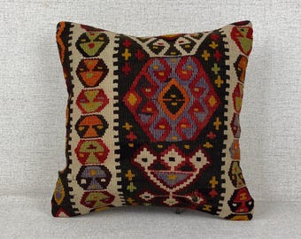 Turkish Kilim Pillow, 16x16 Pillow Case, Boho Pillow, Handmade Kilim, Throw Pillow, Aztec Pillow, Tribal Pillow, Cushion Cover P759